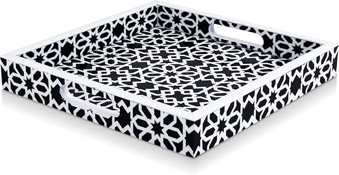 Handicrafts Home 12"x12" Ottoman Tray with Handles, Shiraz Pattern Square Serving Tray for Centerpiece, Resin Inlay Coffee Table Tray, Vanity, Breakfast, Home Décor