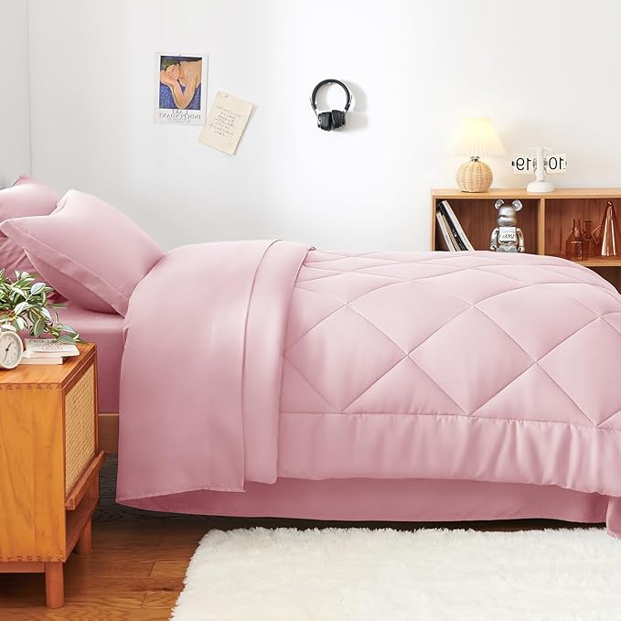 CozyLux Twin Comforter Set with Sheets Pink - 5 Pieces Bed in a Bag Twin, All Season Bed Set for Girls and Boys, Bedding Set with Down Alternative Comforter, Sheets, Pillowcase & Sham