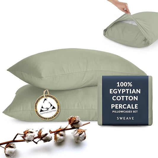 100% Egyptian Cotton Percale Pillow Cases Set - Luxurious 400 Thread Count, Breathable & Skin-Friendly Percale Pillow Cases - Softer After Each Wash - Oeko-TEX Certified