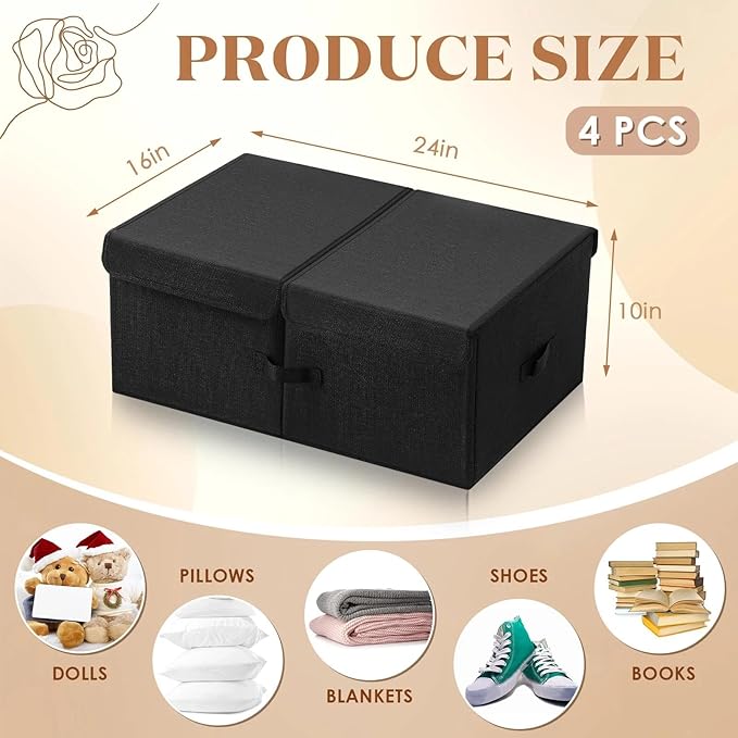 Geelin 4 Pcs Under Bed Storage with Wheels 10" High Underbed Containers with Lids Large Rolling Under Bed Organizer with Handles Underbed Clothes Storage Bins for Clothes Blankets Shoes (Black,24'' L)