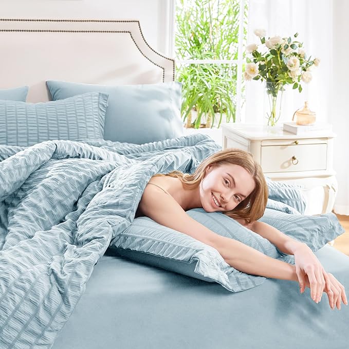 CozyLux King Size Comforter Set Light Blue Seersucker 7 Pieces Bed in a Bag King Comforter Set with Sheets, Luxury Bedding Set with Down Alternative Comforter, Sheets, Pillowcases & Shams All Seasons