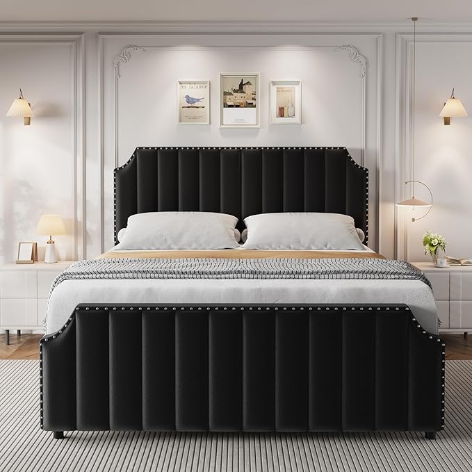 GarveeHome Queen Size Velvet Bed Frame, 50.2" Tall Headboard & Footboard, Upholstered Platform Queen Bed Frame with Nailhead Trim, No Box Spring Needed, Noise Free, Solid Wooden Slats, Black