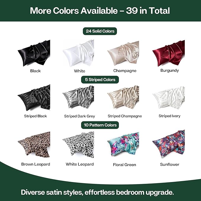 MR&HM Satin Body Pillow Cover, Soft and Breathable Body Pillow Case with Envelope Closure, Cooling and Silky Long Pillowcase for Hair and Skin (20x54, Dark Green)