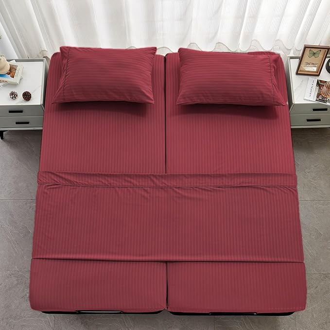 Kingnex Striped Split California King Sheets Sets for Adjustable Bed with Deep Pocket 5 Pieces Include 2 Cali Twin XL Fitted Sheets 1 Flat Sheet 2 King Size Pillowcases Burgundy