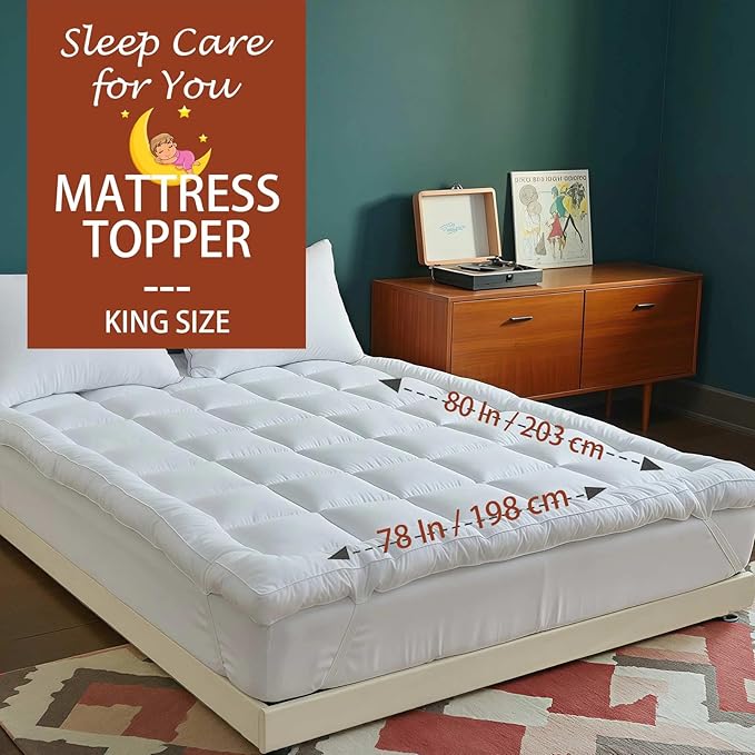 Luxury Hotel Sellected 3 Inch Mattress Topper King, Goose-Down-Like Fiber Mattress Topper for Any Season Any Room, Ultra Fluffy and Long-Lasting, Durable, 4 Elastic Bands