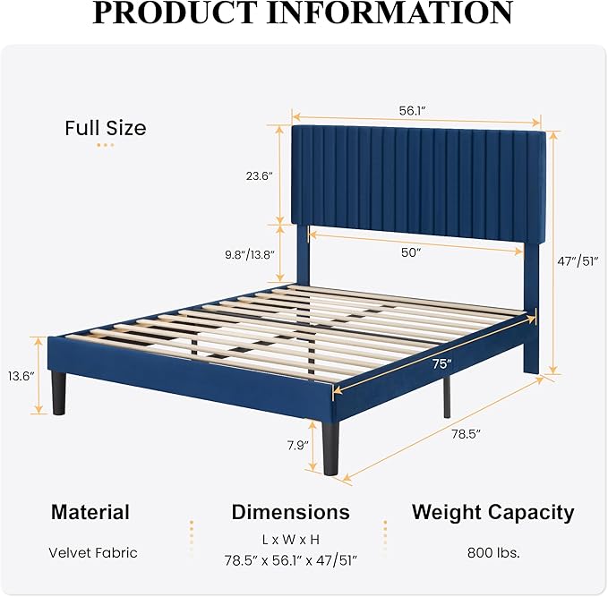 SHA CERLIN Full Upholstered Platform Bed Frame with Vertical Channel Tufted Velvet Fabric Adjustable Headboard, Wooden Slats Support, Mattress Foundation, Box Spring Optional, Blue