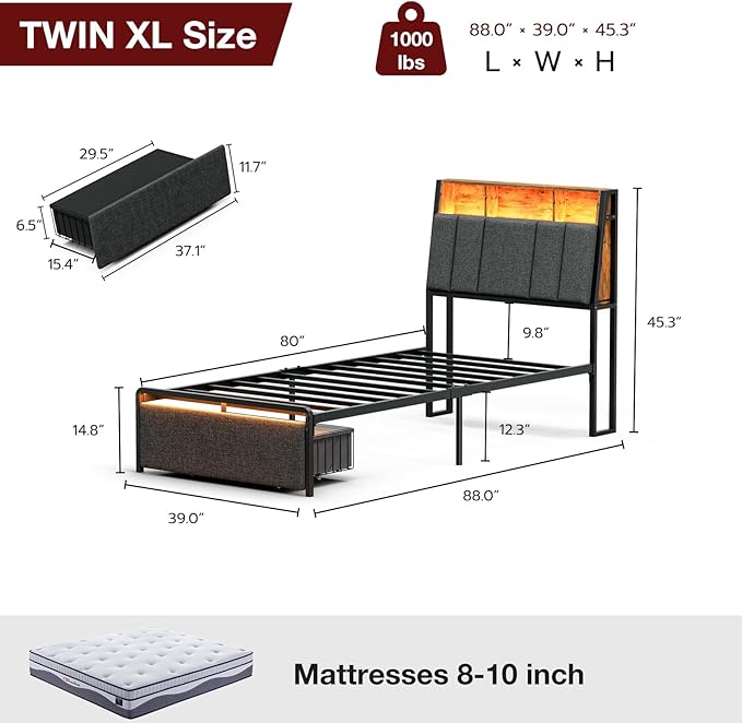 IKIFLY Twin XL Bed Frames with Ergonomic Hidden Storage Headboard & Dustproof Storage Drawer, Upholstered Twin XL Platform Bed with Charging Station and LED Lights, No Box Spring Needed, Dark Grey