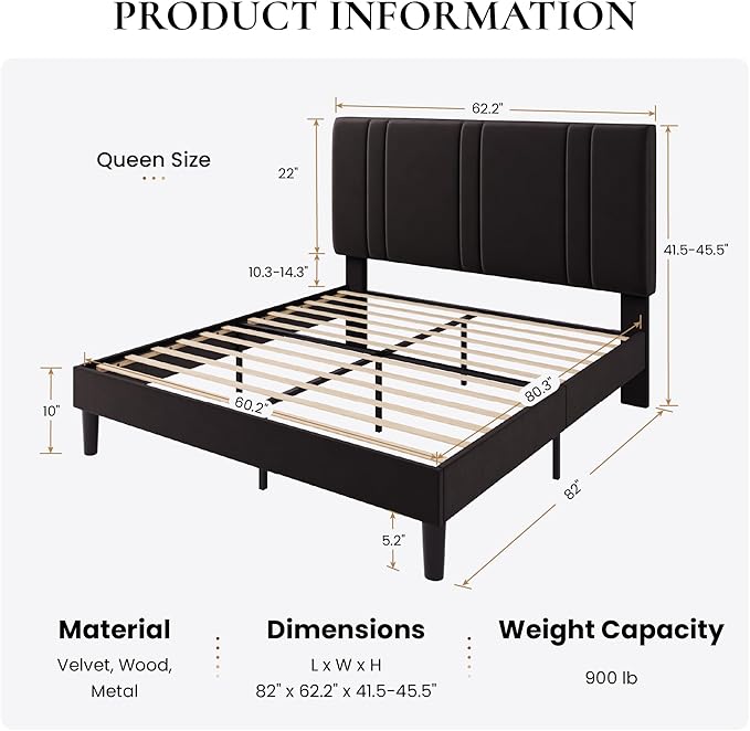 SHA CERLIN Queen Size Platform Bed Frame, Velvet Upholstered Bed with Adjustable Headboard, Vertical Channel Tufted Design, Sturdy Wood Slat Support, No Box Spring Needed, Easy Assembly, Black