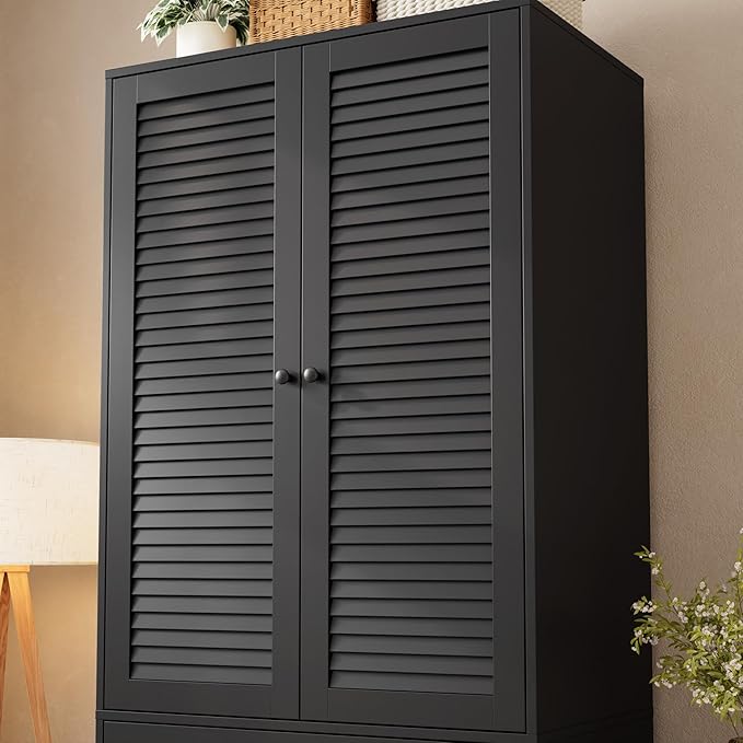 GarveeHome Armoire Wardrobe Closet with 3 Drawers, 69.5" Wooden Wardrobe Cabinet, Hanging Rod, 2 Doors Clothing Storage Cabinet for Bedroom, Large Capacity Storage, Louvered Door, Black