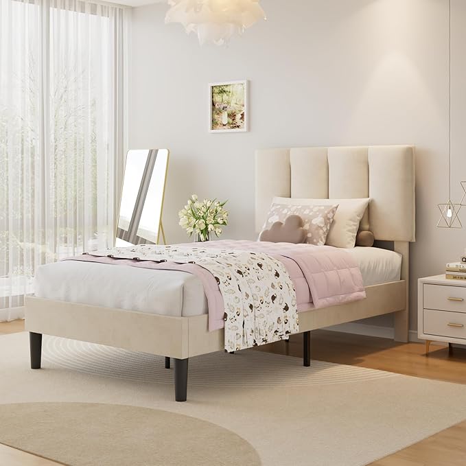 VECELO Twin Size Bed Frame with Upholstered Headboard, Heavy-Duty Bedframe with Wooden Slats & Steel Framework, Easy Assembly, Pale Beige