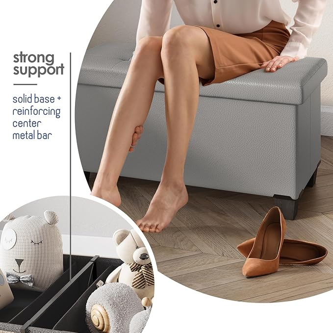 Storage Ottoman Bench with Bins, 30-in Storage Bench for Bedroom End of Bed, Folding Foot Rest Ottoman for Living Room Max 660lbs, Leather Ottomans, Light Grey