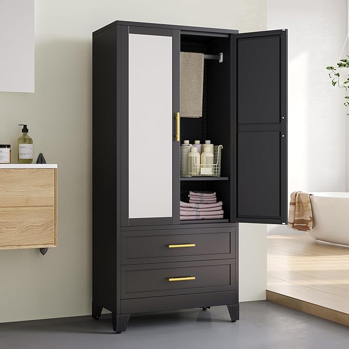 erosoei Metal Armoire Wardrobe Closet, 71 "Metal Clothing Storage Cabinet with Mirror and Adjustable Shelves, Household Steel Wardrobe Storage Cabinet with 2 Drawers and Hanging Rod(Armoire-Black)
