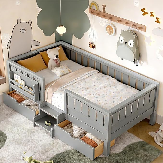 Bellemave Twin Bed with Storage Drawers & Bookshelf, Low Profile Kids Bed Frame with Staircase & Full Length Guardrails, Solid Wood Twin Bed for Kids with Slats Load 300LBS, Easy Assembly, Grey