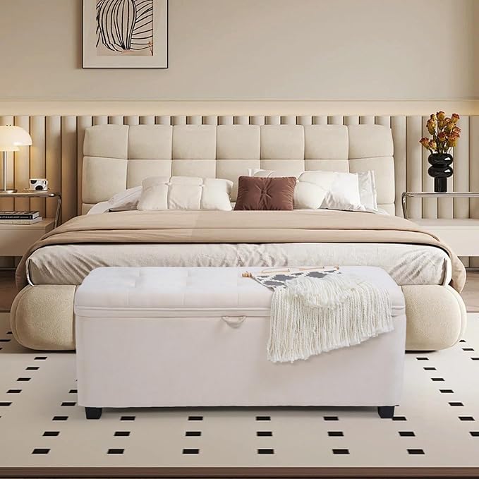 45" Storage Ottoman Bench, Tufted Ottoman with Storage for Living Room, Large End of Bed Ottomans, Modern Entryway Benchs, Window & Bedroom Benches for Foot of Bed (Ivory)