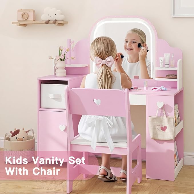 Kids Vanity with Lights and Chair, Princess Makeup Vanity Desk with Mirror Bookshelf Storage Cabinet,3 in 1 Toddler Vanity Table,Children Makeup Dressing Table,Pretend Play Vanity for Little Girl-Pink