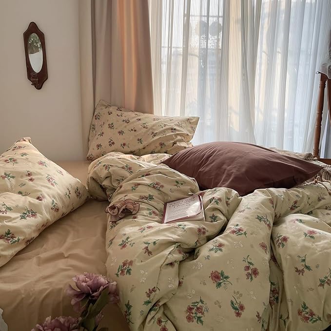 mixinni Vintage Floral Duvet Cover Full Size - 3 Piece 100% Cotton Cottagecore Red Flowers & Green Leaves Bedding, Soft Botanical Comforter Cover & Pillowcases, Aesthetic Spring Bed Set for Girls