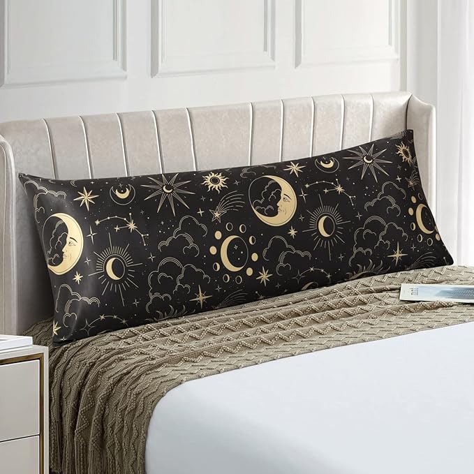 EXQ Home Satin Pillowcase for Hair and Skin - Black Printed Silk Body Pillowcase 20x54 inches - Body Pillow Cases with Envelope Closure, Gifts for Women Men