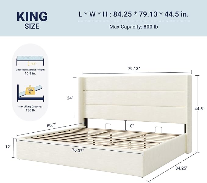 Allewie King Size Lift Up Storage Bed, Chenille Fabric Upholstered, Modern Wingback Headboard, Hydraulic Support, No Box Spring Needed, Cream White