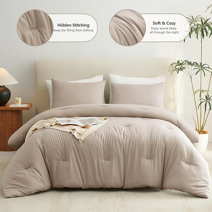 CozyLux Full Size Comforter Set Wheat, 3 Pieces Solid Breathable Quilted Bedding Sets, Luxury Lightweight Soft Bed Set with Down Alternative Comforter and 2 Pillowcases for All Seasons