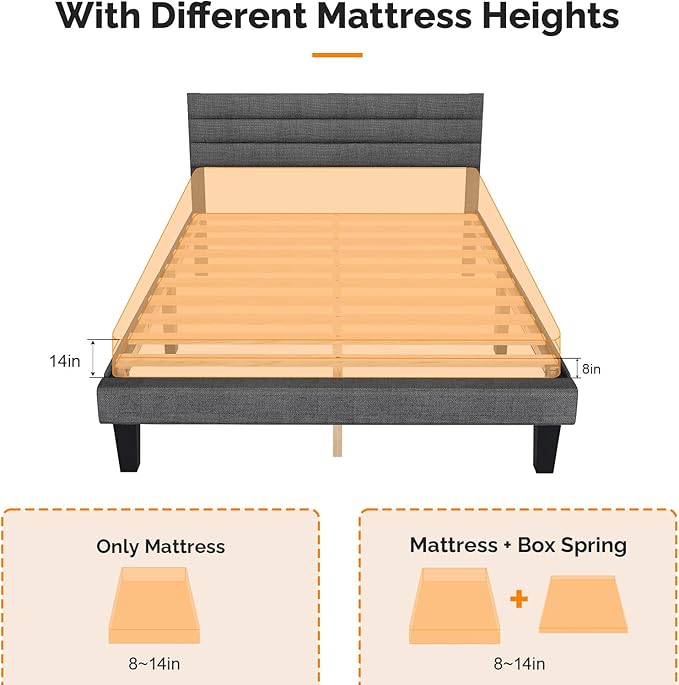 VINGLI Platform Bed Frame Queen Size with Linen Fabric Headboard,Modern Panel Low Profile Bed with Upholstered & Sturdy Slats Support for Bedroom, Mattress Foundation, Dark Gray
