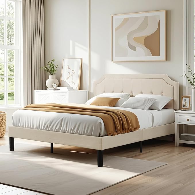 VECELO Full Size Platform Bed Frame with Fabric Upholstered Headboard and Wooden Slats Support, No Box Spring Needed/Easy Assembly,Light Beige