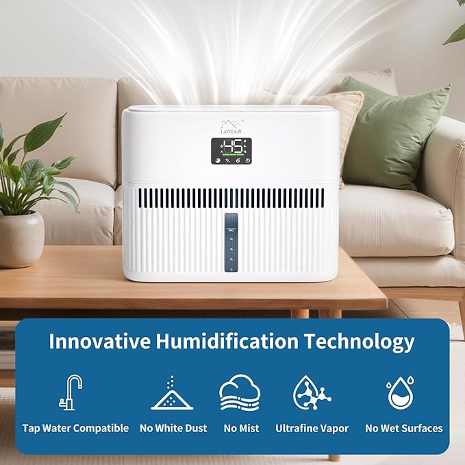 LAVIEAIR Evaporative Humidifiers for Bedroom, Living Room, Nursery, Large Room up to 300 ft², Mist-free No White Dust Top Fill Humidifier for Baby, Plants, 5L Tank, Max 48H Runtime, Easy to Clean