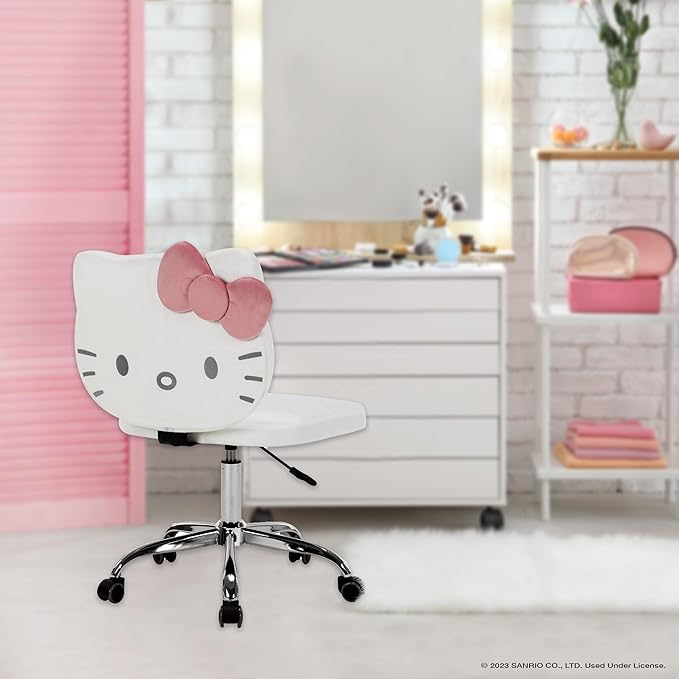 Impressions Vanity Hello Kitty Kawaii Swivel Vanity Chair for Makeup Room, Adjustable Height Desk Chair with Wheels Rolling, Comfy Foam Back (White)