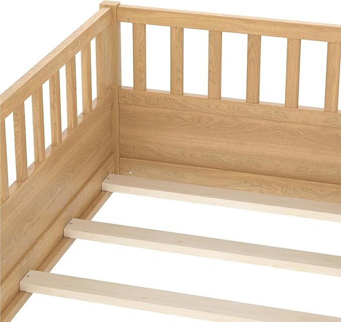 Bellemave Twin Size Floor Bed with High Fence, Wood Montessori Bed with Slats and Guardrails, Montessori Floor Beds Frame for Kids, Girls, Boys, Natural