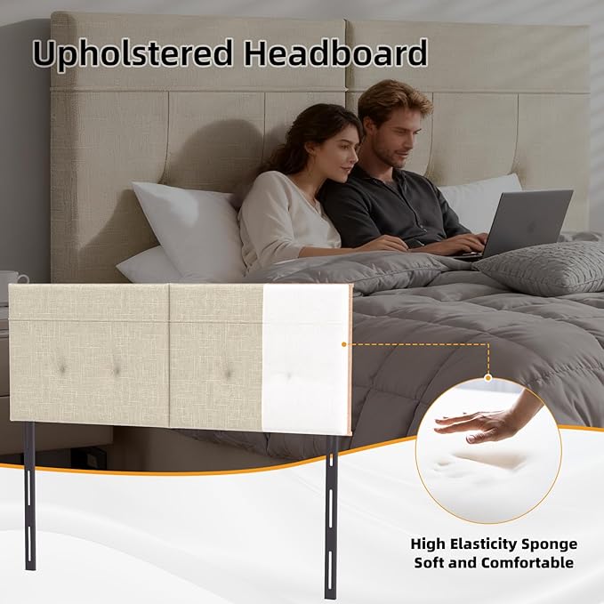 Queen Headboard Only with Adjustable Metal Legs, Faux Leather Upholstered Headboard Queen Size, Modern Stylish Headboard with Sunken Dot Design, Sturdy Bed Headboard for Bedroom, Linen
