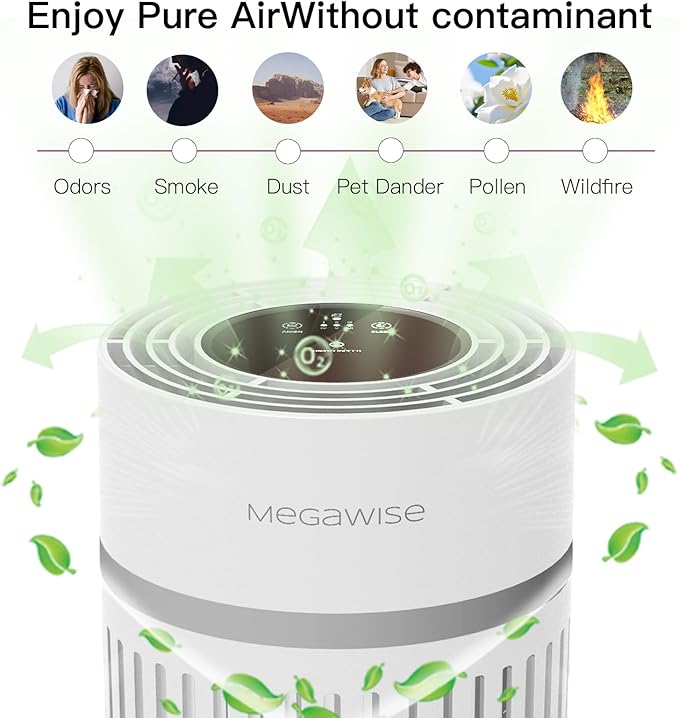 MEGAWISE Air Purifier for Large Rooms Up to 1076 ft², H13 True HEPA Filter, 99.97% 0.3 Micron Filtration, 25dB Quiet, CARB Certified Ozone Free, Portable Air Cleaner for Pets, Bedroom, Office