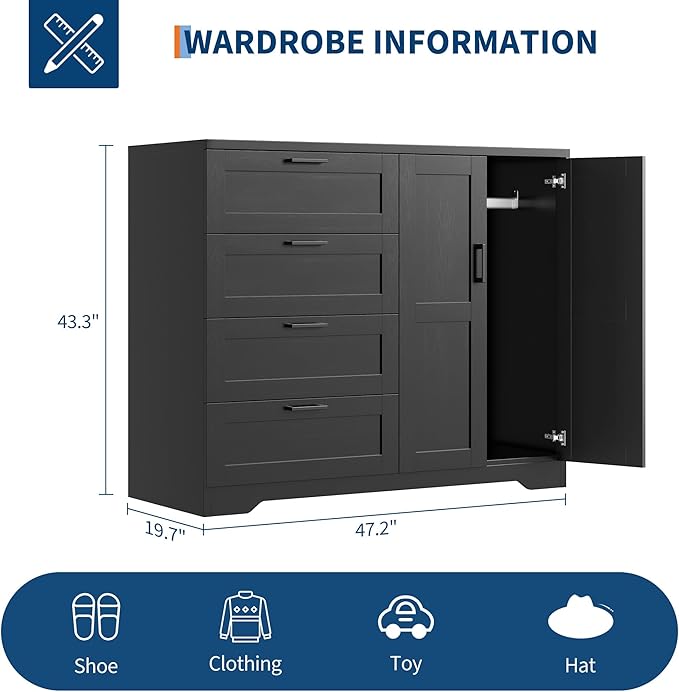 GarveeHome Multifunctional Wooden Dresser for Bedroom, 43.3 in H 2 Door Wardrobe Armoire Closet with 4 Drawers and Hanging Rod, Low Storage Cabinet for Hanging Cloth, Black