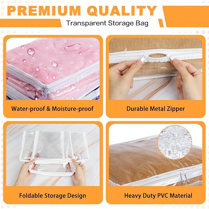 Clear Zippered Storage Bags Plastic Sweater Storage Bags with Zipper 6 Packs Clothing Organizer for Blankets Linen Sweater Bed Sheet Quilt Clothes Pillow (18 x 15 x 9 Inch, White)
