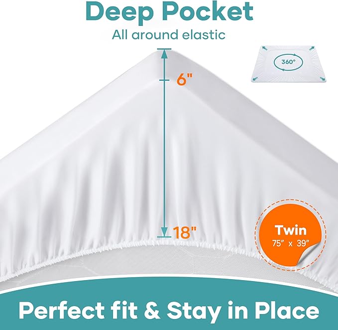 OhGeni 2 Pack Waterproof Mattress Protector, Twin Size Fitted Sheet with Deep Pocket, 6''-16'' Washable Hypoallergenic Mattresses Cover,Noiseless Soft Mattress Pad,Kids' Bedwetting,Pee & Dirt-Proof