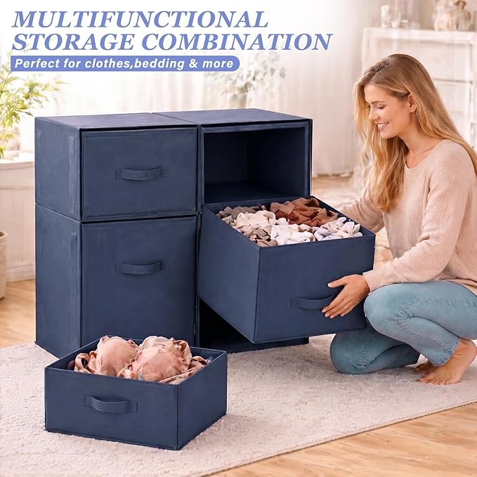 Weysat 4 Cube Stackable Under Dorm Bed Storage Container Foldable Closet Drawer Organizer Fabric Storage Cube Bins for Dorm Essentials College Closet Bedroom Living Room Nursery(Navy Blue,17.72 Inch)