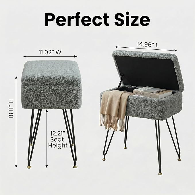 Vanity Stool Chair, Faux Teddy Fur Ottoman Foot Stool with Metal Legs & Adjustable Black Feet, Flip Top Storage Makeup Stool with Soft Padded Seat, Foot Rest for Makeup Room Bedroom, Gray