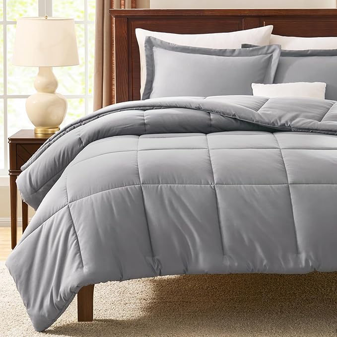 CozyLux Full Size Comforter Sets - 270GSM Grey Bedding Sets for All Seasons, 3 Pieces Box Stitched Bed Set with 1 Down Alternative Comforter and 2 Pillow Shams, Soft, Lightweight, Breathable
