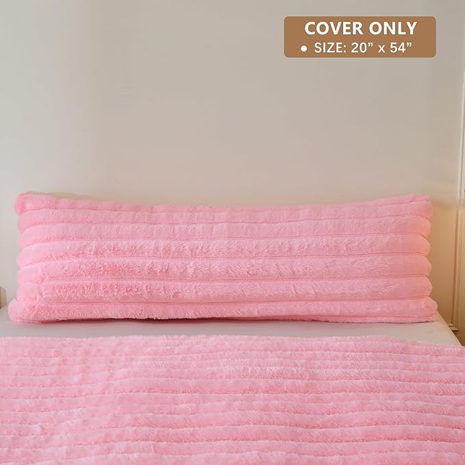 MEGO Fluffy Faux Rabbit Fur Body Pillow Cover, Soft Cozy Furry Wide Striped 20x54 Bed Pillowcase with Zipper, Home Decorative Plush Fuzzy Ribbed Long Pillow Cover for Bed Couch Sofa Bedroom, Pink