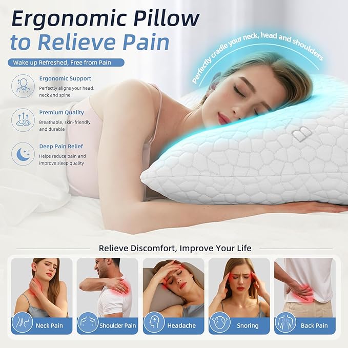 Yettbea Adjustable Shredded Memory Foam Pillows Standard Size Set of 2, Luxury Bamboo Cooling Pillow w/Washable Zippered Cover, Soft or Firm Support Bed Pillow for Side, Back, Stomach Sleeper