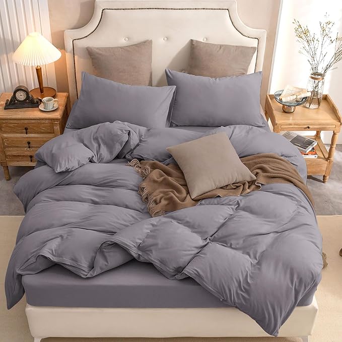 PURE ERA Jersey Knit Duvet Cover Set 100% T-Shirt Cotton Super Soft Comfy 3pc Bedding Set with Zipper Closure (Solid Grey Purple, Queen, 90"X90")