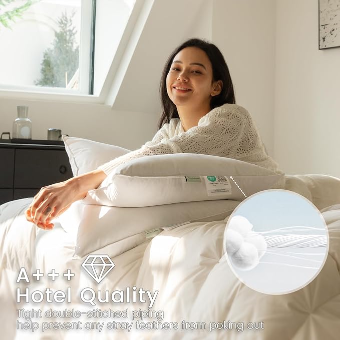 Alanzimo Goose Feathers Down Pillows Standard Queen Size Set of 2, Hotel Collection Fluffy Bed Pillows for Sleeping, 100% Cotton Cover Soft Pillow 20x30 2 Pack