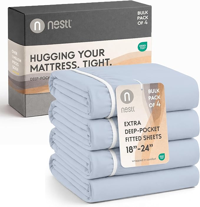Nestl 4 Pack Ice Blue Fitted Sheet Extra Deep Pocket, Hotel Luxury TwinFitted Sheet Only Easily Fits 18 to 24 Inch Mattress, Super Soft, Wrinkle-Free and Breathable with Corner Straps