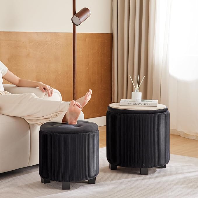 BLEXA Big Round Ottoman with Storage Set of 2-Upholstered Velvet Vanity Stool for Makeup Multifunctional Foot Rest Coffee Table Padded Seat Tufted Ottomans for Living Room&Bedroom (Big Black)