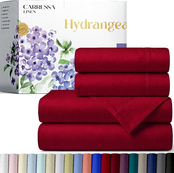 Carressa Linen 100% Egyptian Cotton King Size Sheets Set - 600 Series Hydrangeas Collection Egyptian Cotton Sheets King Size (4 PC, Red), 16" Deep Pocket Sateen Weave Luxury Bed Sheet
