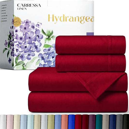 Carressa Linen 100% Egyptian Cotton Full Size Sheets - 600 Series Hydrangeas Collection Full Size Egyptian Cotton Sheets (4 PC, Red), 16" Deep Pocket Sateen Weave Luxury Hotel Bed Sheet Set