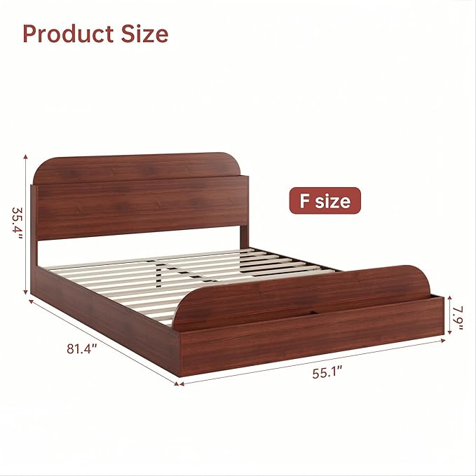 GarveeHome Full Size Bed Frame, Wooden Beds with Storage Headboard and Raised-Foodboard, Full-Floor Low Platform Bed for Bedroom, Sturdy Wooden Slats Support, No Box Spring Needed, Espresso