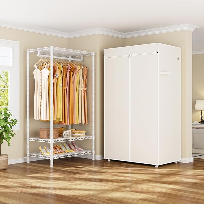 ULIFHOME H5C Clothes Rack with Cover, Portable Closet for Hanging Clothes, Covered Clothing Racks Heavy Duty, Garment Racks with Shelves, Max Load 360LBS, White Closet Rack with White Cover