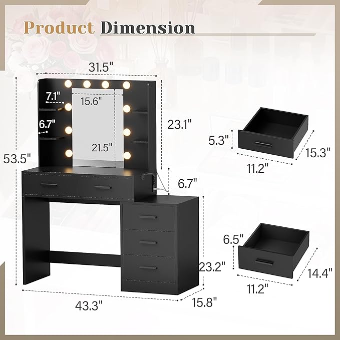 YESHOMY Makeup Vanity Desk with Mirror & Lights, Vanity Table with 5 Drawer, 6 Shelves, Charging Station for Bedroom, Dressing Room, Dark Black