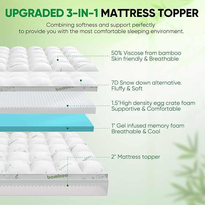 Twin Mattress Topper, 3 in 1 Memory Foam Mattress Topper for Back Pain, 2" Fluffy Cooling Mattress Toppers Twin Breathable Viscose Made from Bamboo and 2.5" Dual Firmness Gel Memory Foam.