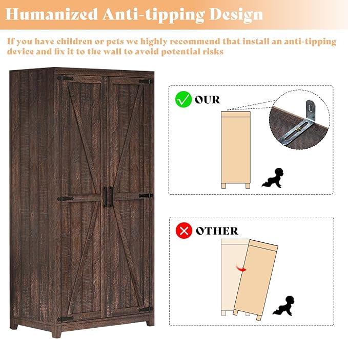 AMERLIFE Set of 2 Farmhouse Armoire Wardrobe Closet with 2 Barn Doors, 71'' Storage Cabinet with Shelf & Hanging Rod, Versatile Clothing Storage for Bedroom, Espresso