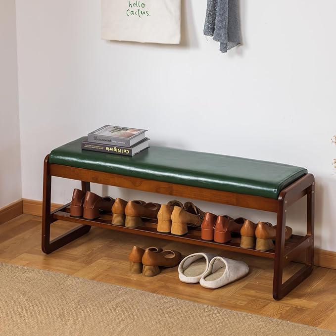 SOBIBO Shoe Bench with Storage - 2-Tier Entryway Bench, Solid Wood Shoe Rack with Cushion & Flip-Open Box, Mid-Century Modern for Hallway, Mudroom, Bedroom (Green, 39.4")